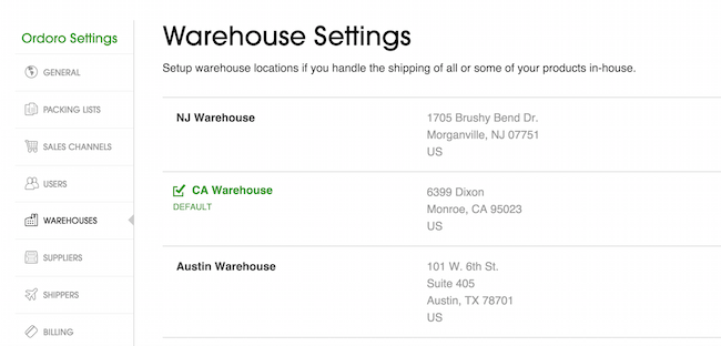 warehouse settings Ordoro.com