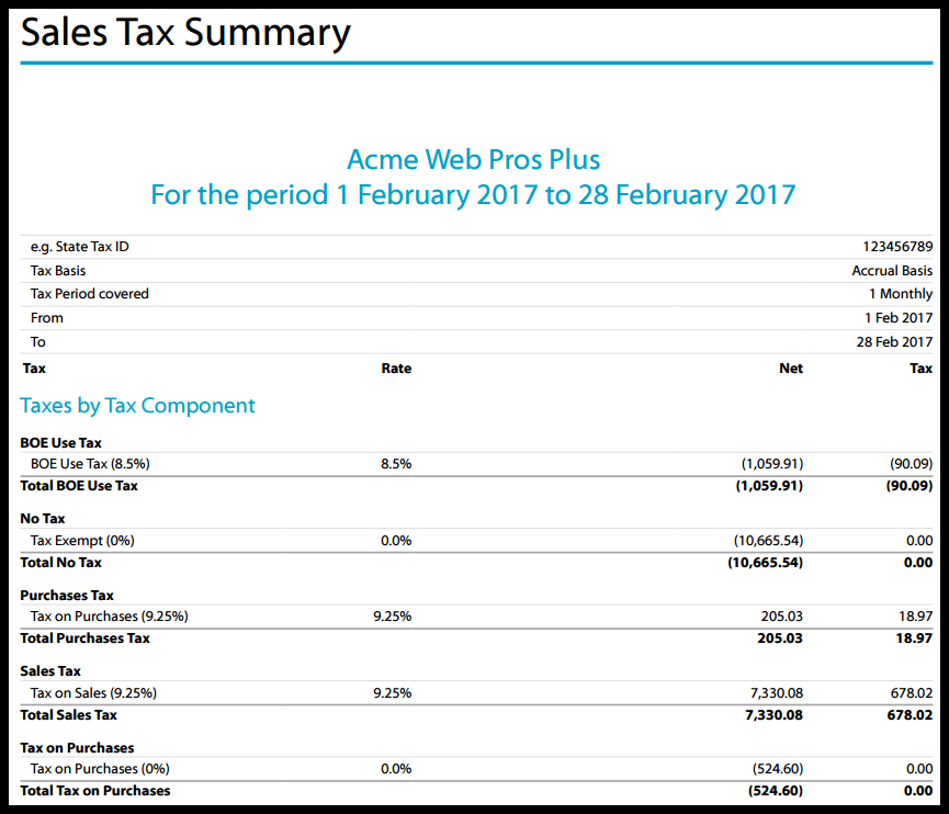 sales tax summary report in xero