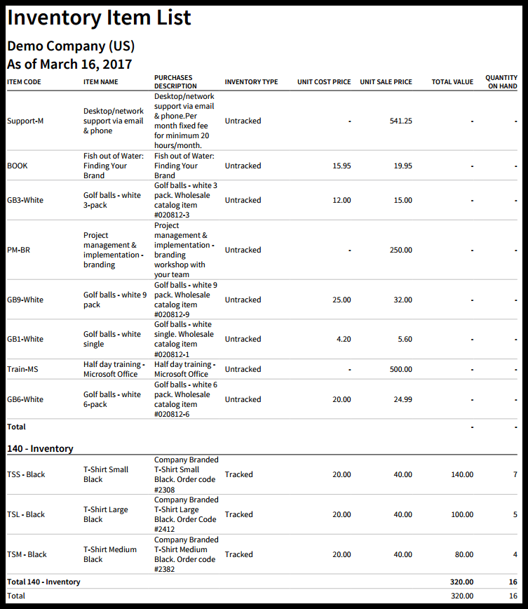 Inventory Item List Report in Xero