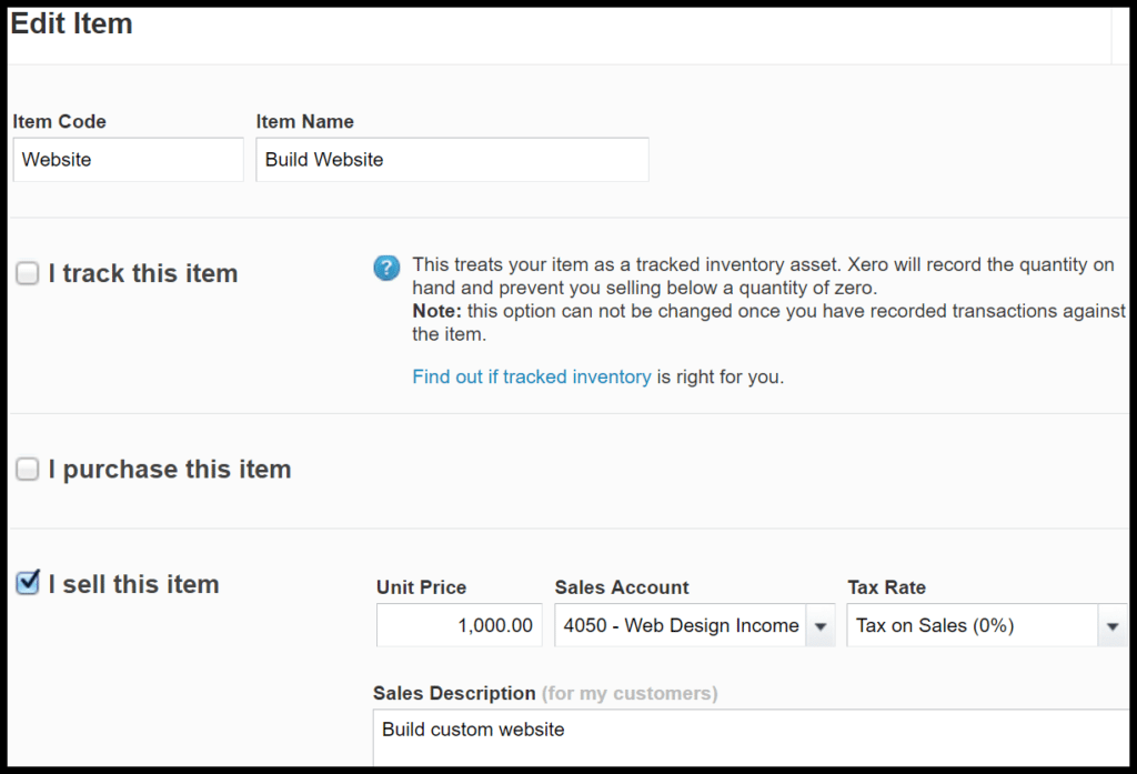 products and services in xero