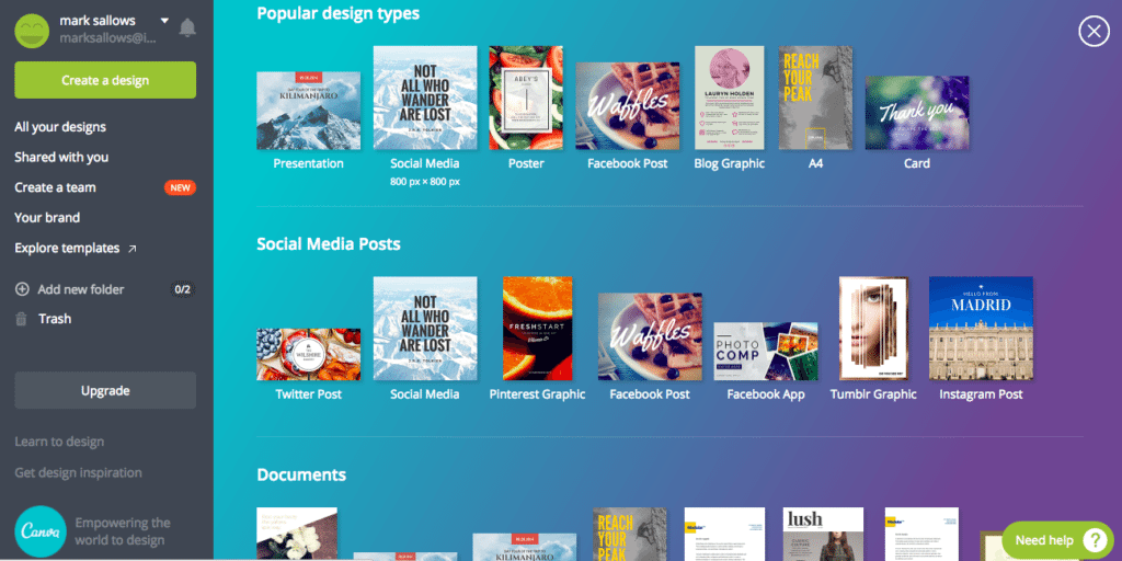 Canva Screen Grab Showing Collaterals You Can Create