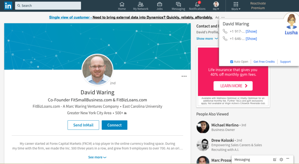 Lusha Chrome Extension Revealing Contact Details When Browsing in LinkedIn