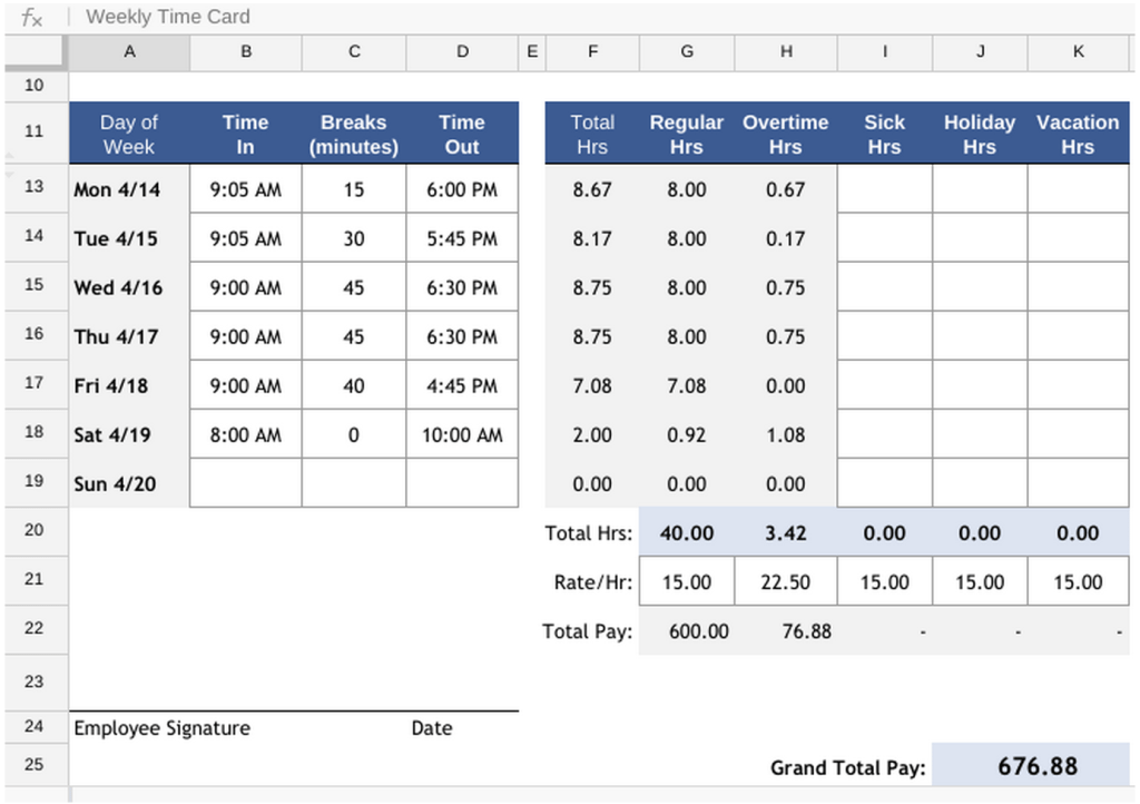 calculate time card with lunch