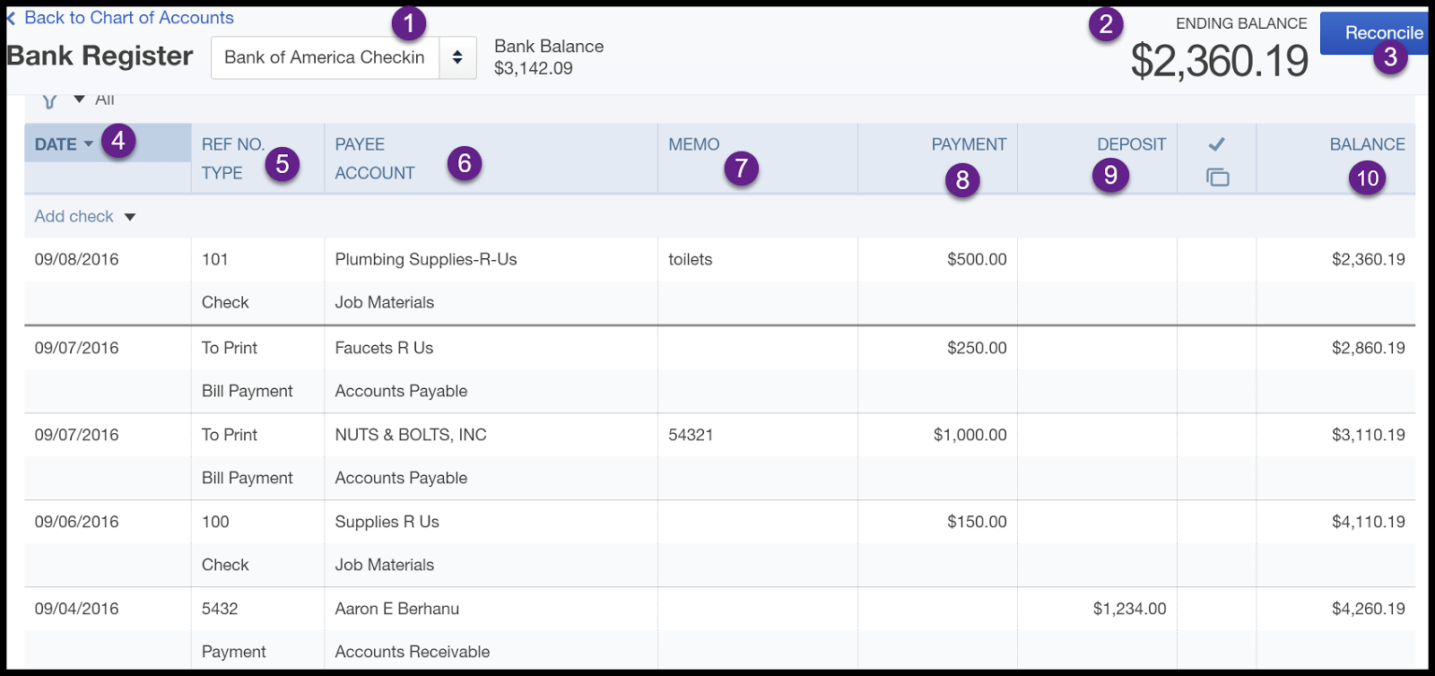 bank transaction register