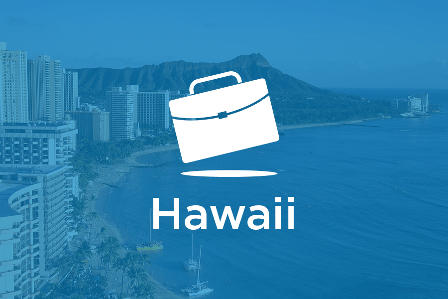 The word 'Hawaii' and a suitcase on a blue background.