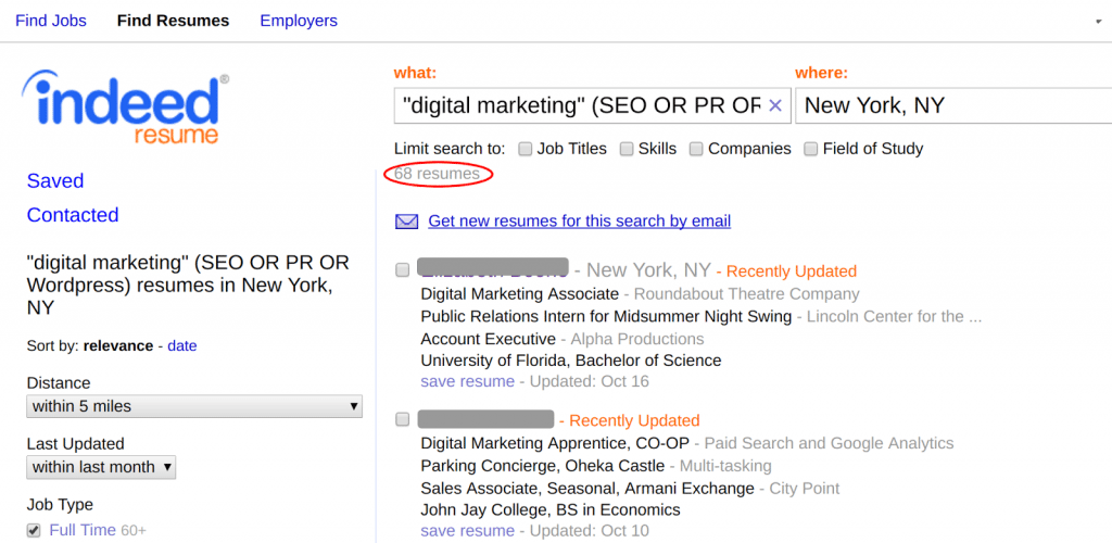 Filtering Criteria Results-Indeed Resume Search showing digital marketing candidates
