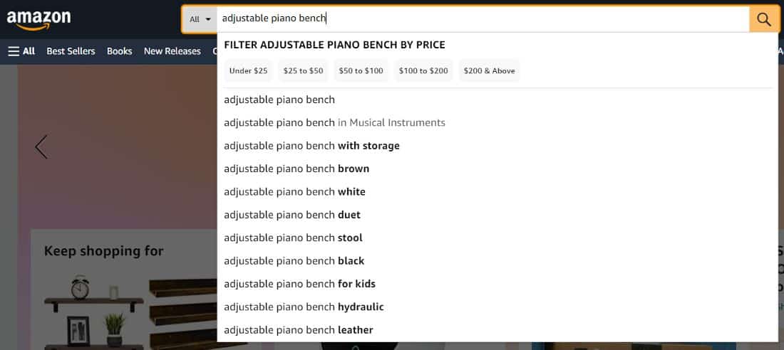Showing an "adjustable piano bench" keyword and related keywords in Amazon.