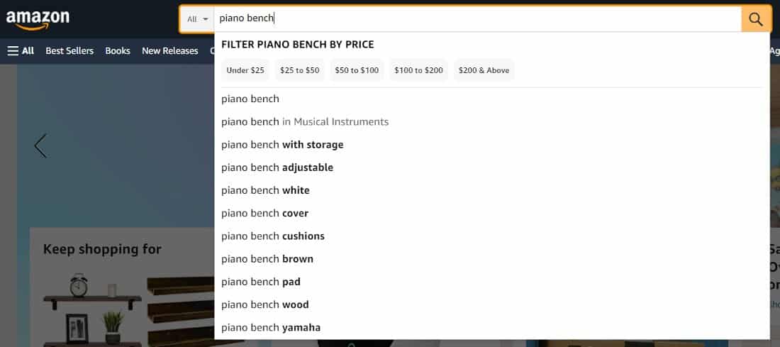 Showing "piano bench keyword" and related keywords in Amazon.