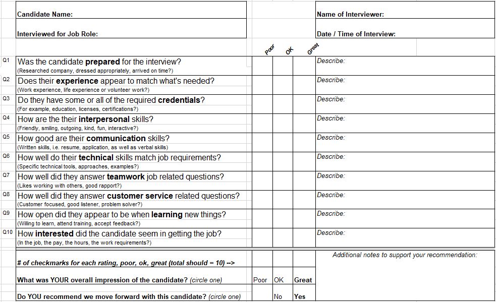 Interview Scorecard Template Excel