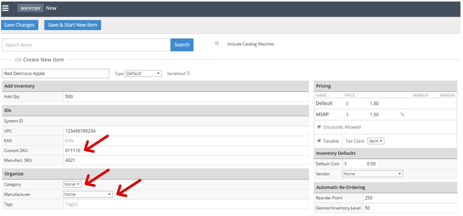 Sku Numbers What They Are How To Set Them Up - dashboard with arrows showing how to create custom skus in lightspeed