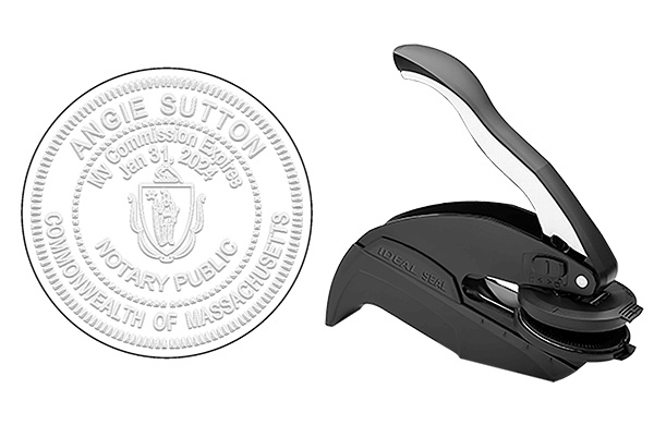 Metal notary embosser seal that creates an impression on documents with notary information.