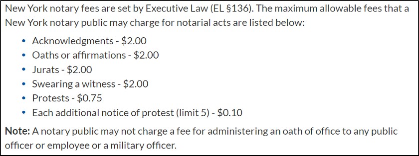 Example of notary charges in New York.
