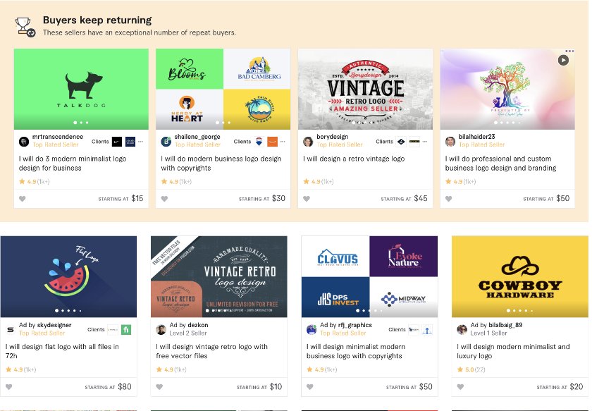 Fiverr's freelancer search results of freelance designers.