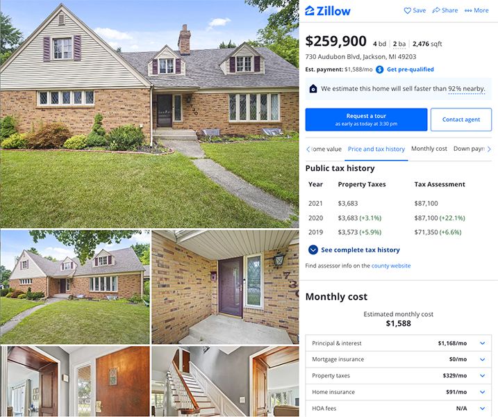 Zillow property listing public tax history and monthly cost details.