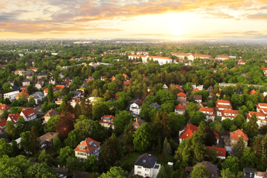 aerial shot of houses and trees