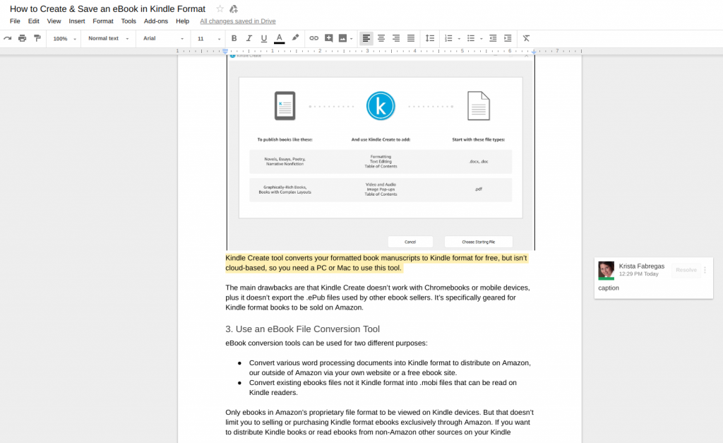 Use Google Docs to write a manuscript for a Kindle Format ebook