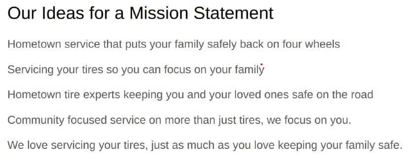 Screenshot af idéer til mission statement