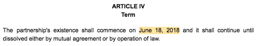 Screenshot of Partnership Agreement Article IV Partnership Term