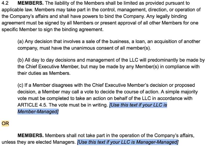 Screenshot of LLC Operating Agreement Template Article IV 2