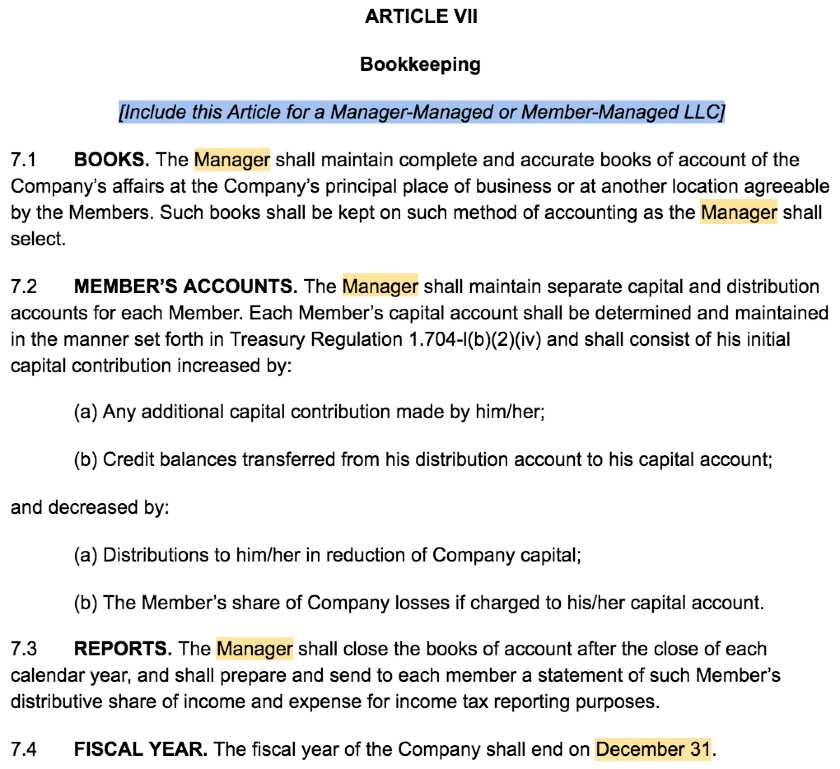 Screenshot of LLC Operating Agreement Template Article VII