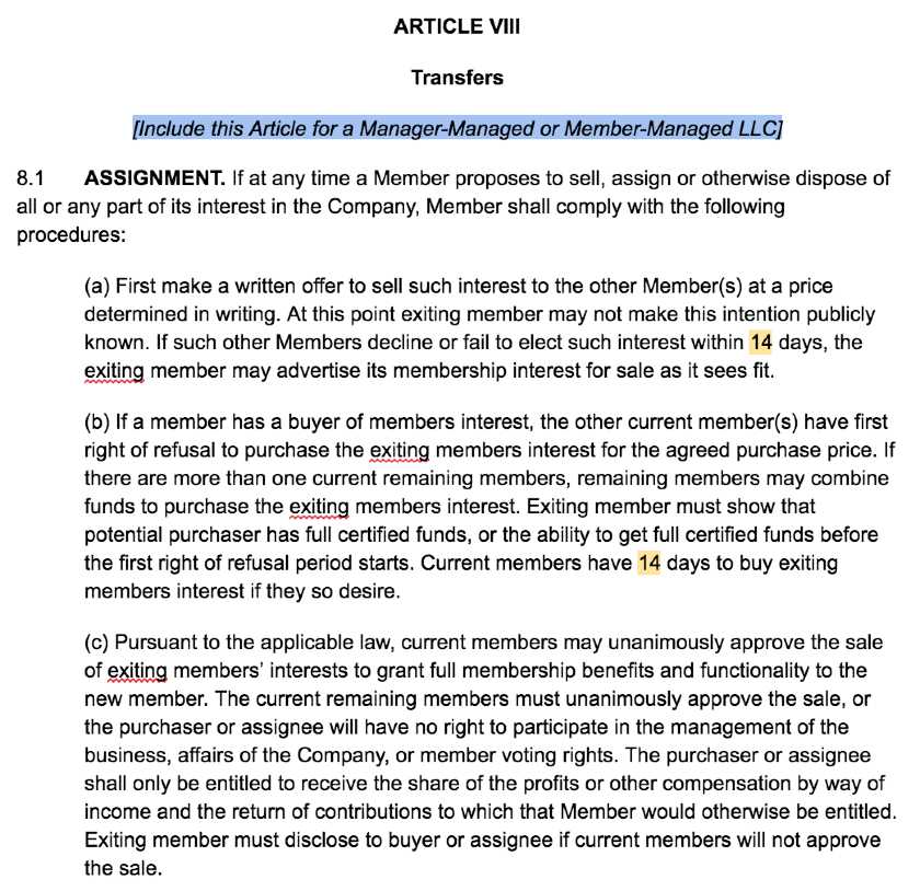 Screenshot of LLC Operating Agreement Template Article VIII