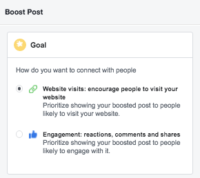 Vælg mål for Facebook sponsoreret indlæg - facebook sponsorerede indlæg
