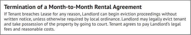 Termination of agreement section of a month-to-month rental agreement.