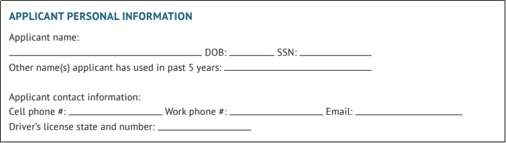 Applicant personal information section in rental applications form.