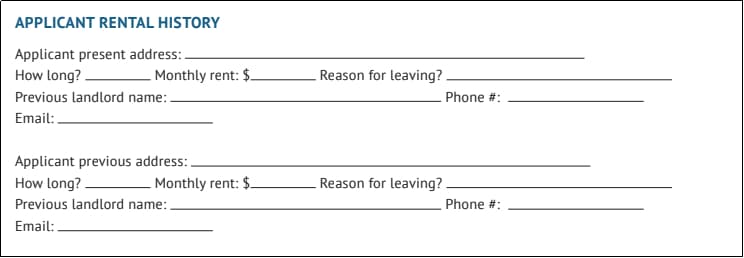 Applicant rental history information section in rental applications form.