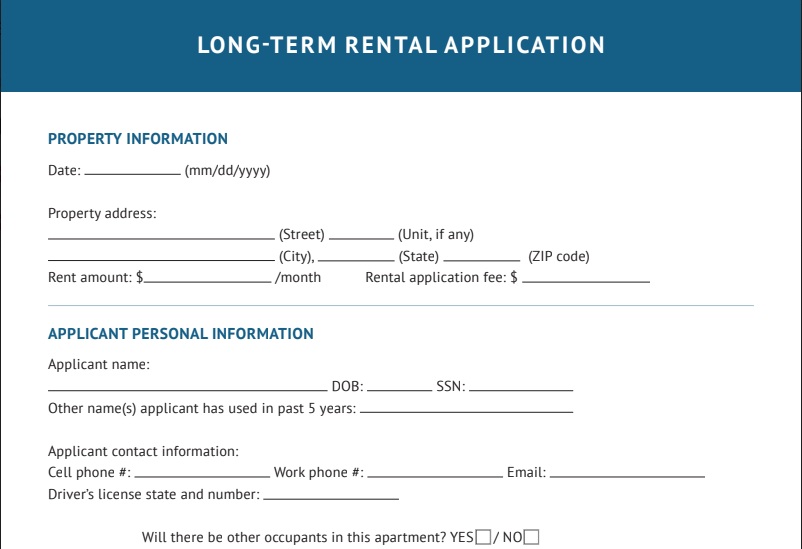 Long-term rental application template.
