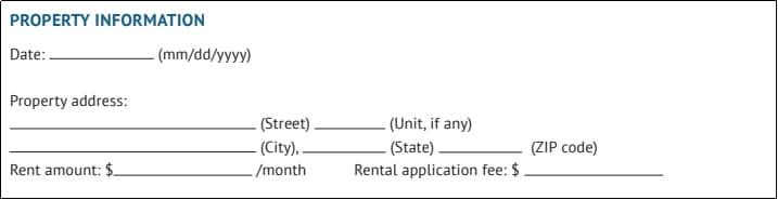 Property information on an application rental form.