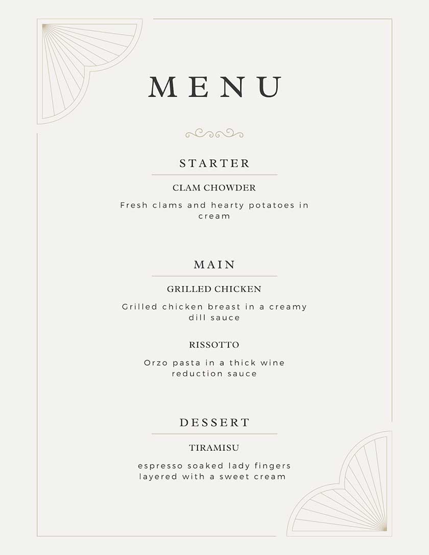 Beige minimalist elegant wedding menu.