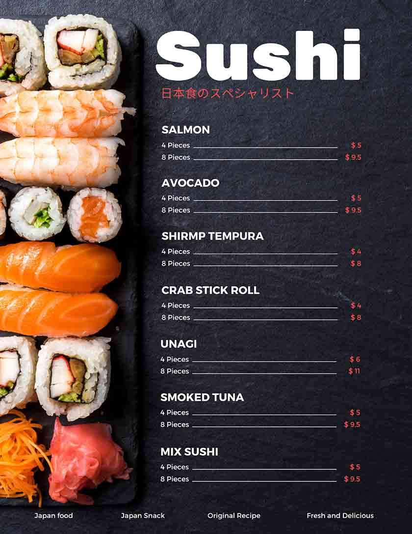 Black modern sushi Japanese menu.