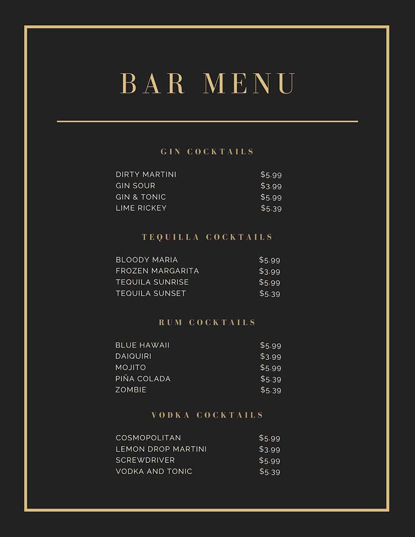 Black and gold elegant cocktail menu.