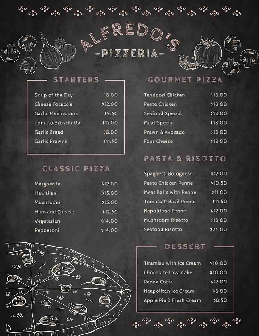 Black and white rustic chalkboard pizzeria menu.