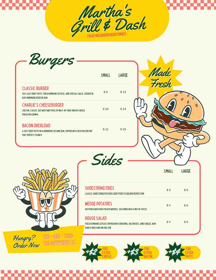 Cream, yellow and red retro diner burger diner menu.