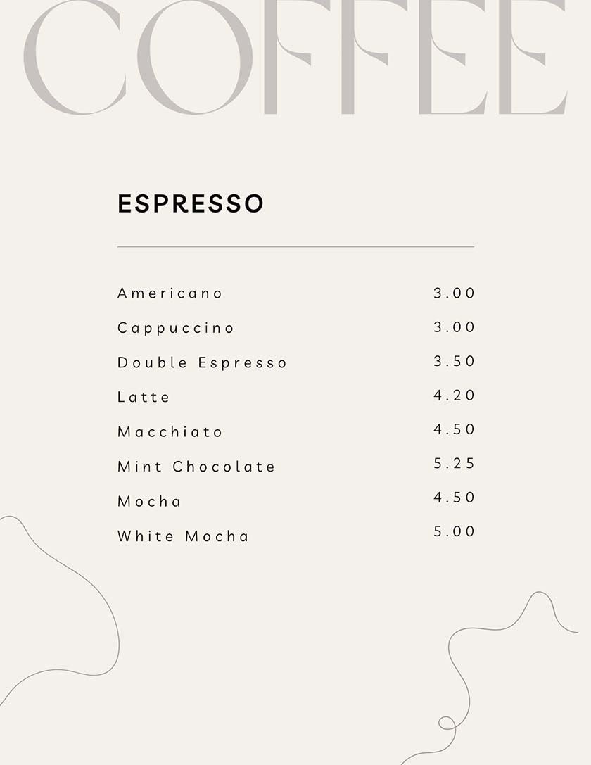 Neutral minimal coffee bar menu.