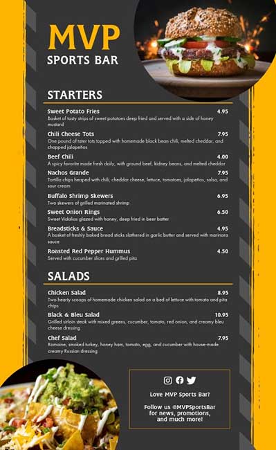 Sport bar menu page 1.