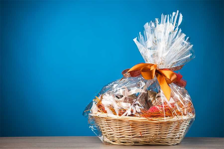 gift basket against blue background