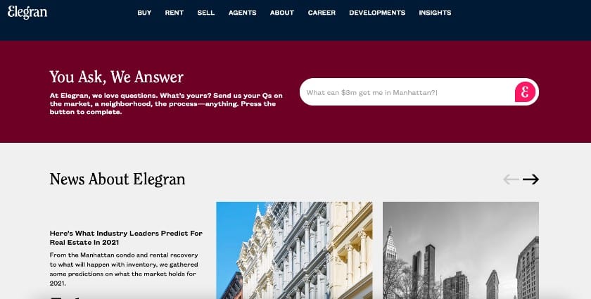 Elegrann real estate website allows visitors to ask question