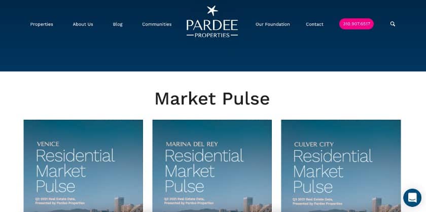Pardee Properties real estate website with housing market information