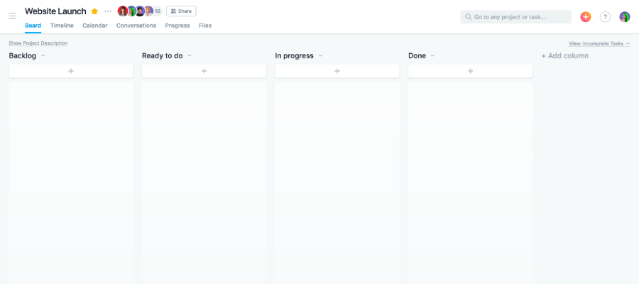 Asana interface showing a board titled "Website Launch" with columns "Backlog," "Ready to do," 'In progress," and "Done"