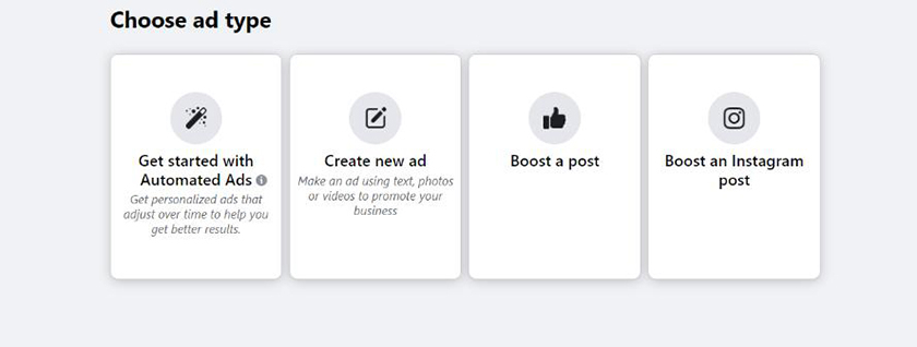 Choose a type Facebook ad or boosted post.