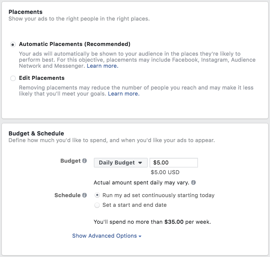 Facebook ad placement and budget selection - facebook advertising