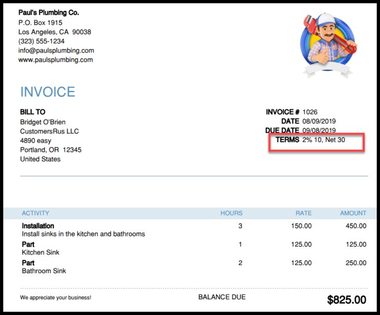 Sample Invoice created in QuickBooks with early payment discount terms