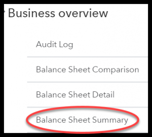 QuickBooks Online balance sheet summary