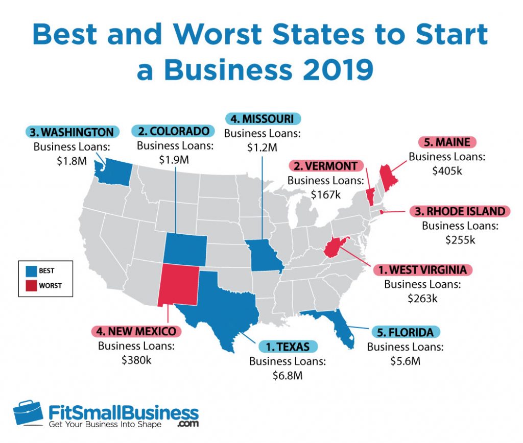 map of the Best & Worst States to Start a Business