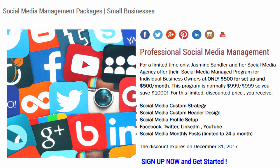 Jasmine Sandler's Social Media Management Package options