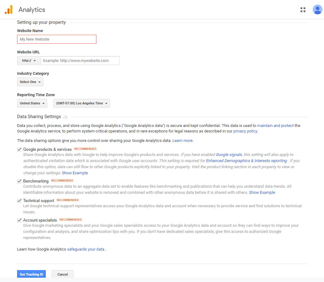 Schermata di come impostare la proprietà su Google Analytics