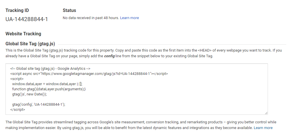 Schermata di un ID di monitoraggio di Google Analytics